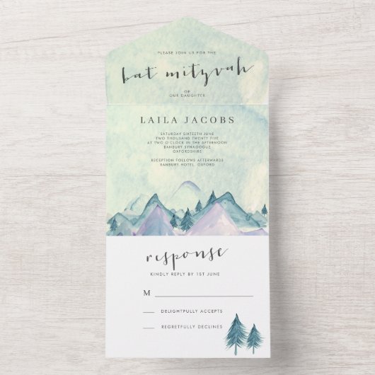 水の色の山と木々こうもりミズバ オールインワン招待状 (内側)