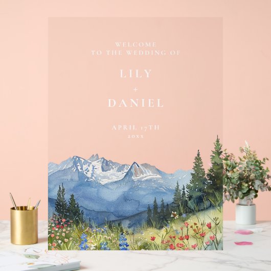 水の色の山のフローラ結婚の歓迎 アクリルサイン (ウェディング)