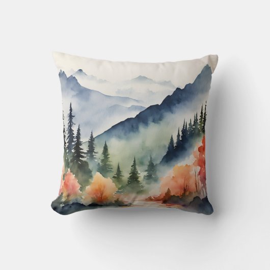 水の色の山の木々秋秋自然 クッション (正面)