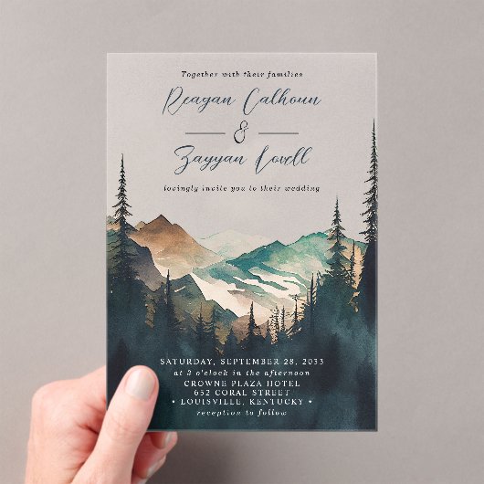 水の色の山の松の森のスクリプト結婚の アクリル招待状 (インサイチュ (ポータブル))