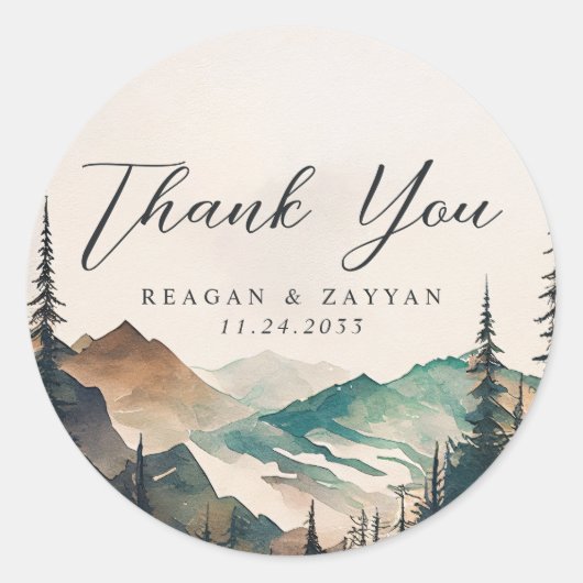 水の色の山の松の森結婚の感謝 ラウンドシール (正面)