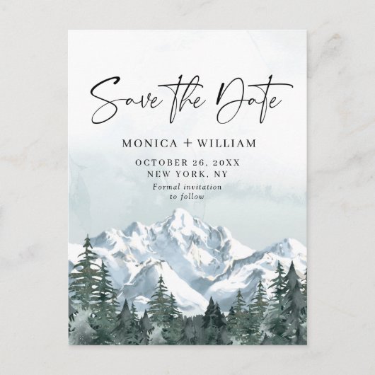 水の色の山の森の結婚式の日付を保存 ポストカード (正面)