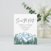 水の色の山の森の結婚式の日付を保存 ポストカード (スタンド正面)