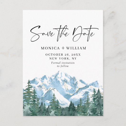 水の色の山の森の結婚式の日付を保存 ポストカード (正面)
