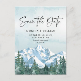 水の色の山の森の結婚式の日付を保存 ポストカード