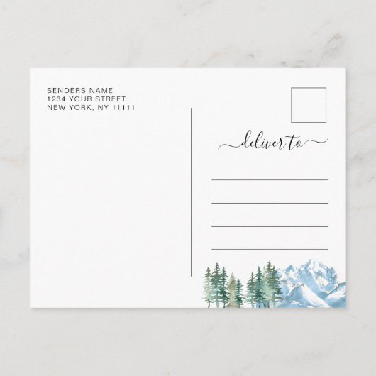 水の色の山の森の結婚式の日付を保存 案内ポストカード (裏面)