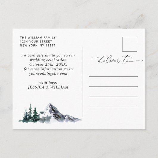 水の色の山の森の結婚式の日付を保存 案内ポストカード (裏面)
