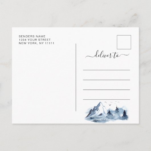 水の色の山の森の結婚式の日付を保存 案内ポストカード (裏面)