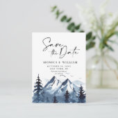 水の色の山の森の結婚式の日付を保存 案内ポストカード (スタンド正面)