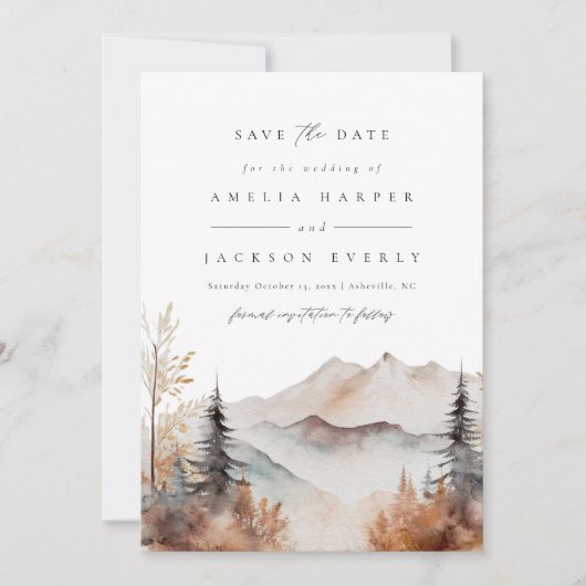 水の色の山の秋の結婚式日付を保存 招待状 (正面)