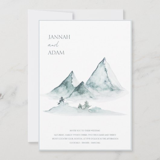 水の色の山の緑の白い冬の結婚式 招待状 (正面)