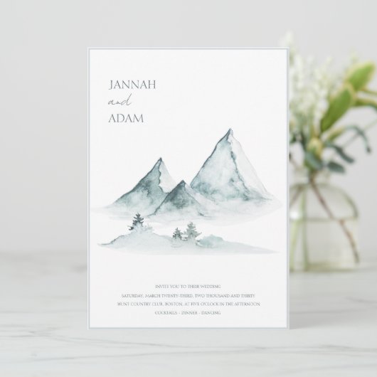 水の色の山の緑の白い冬の結婚式 招待状 (スタンド正面)