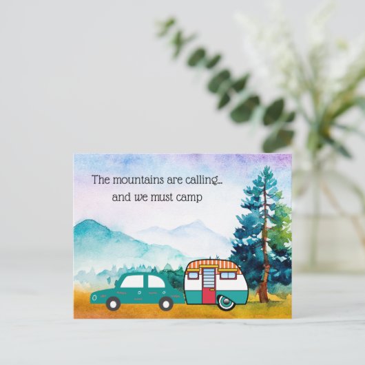 水の色の山の車とキャンパーアドレスの変更 ポストカード (スタンド正面)