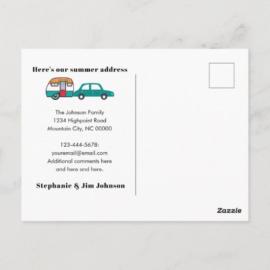 水の色の山の車とキャンパー新しい住所ポー ポストカード (裏面)