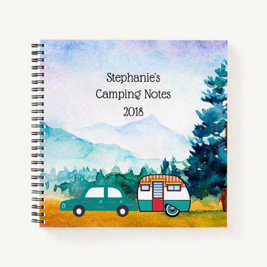 水の色の山の車とティアドロップキャンパー ノートブック (正面)