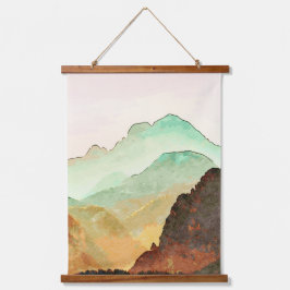 水の色の山の風景のティール（緑がかった色）と茶色 吊り下げ型タペストリー