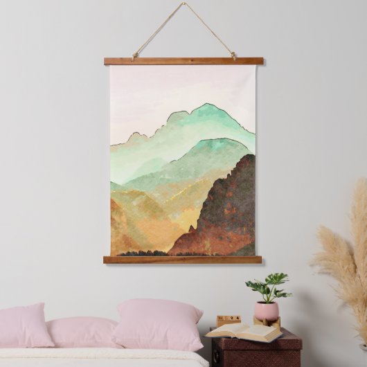 水の色の山の風景のティール（緑がかった色）と茶色 吊り下げ型タペストリー (寝室)