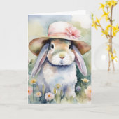 水の色の復活祭バニーとボンネット カード (黄色い花)