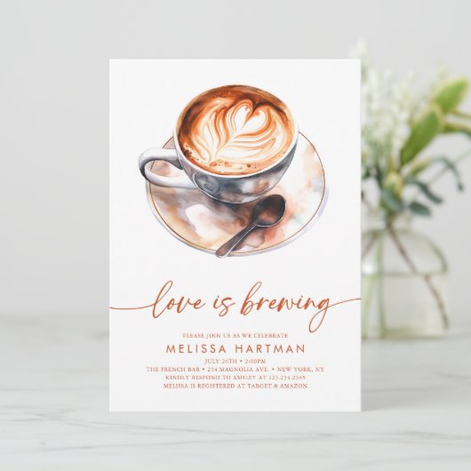 水の色の愛はコーヒーを醸造しているブライダルシャワー 招待状 (スタンド正面)
