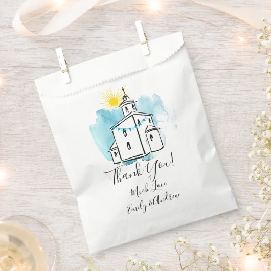 水の色の教会とクロス尖塔ありがとう フェイバーバッグ (クリップ留めされた状態)
