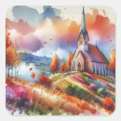 水の色の教会の秋日 スクエアシール (正面)
