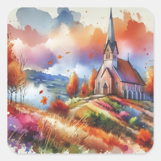 水の色の教会の秋日 スクエアシール (正面)