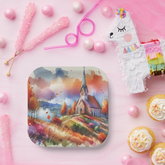 水の色の教会の秋日 ペーパープレート (パーティー)