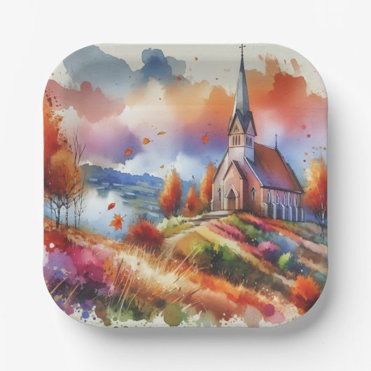 水の色の教会の秋日 ペーパープレート (正面)