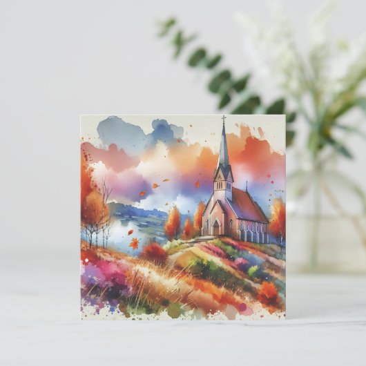 水の色の教会の秋日 | 秋の恵み シーズンカード (スタンド正面)