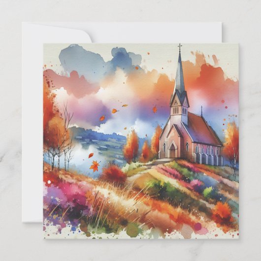 水の色の教会の秋日 | 秋の恵み シーズンカード (正面)