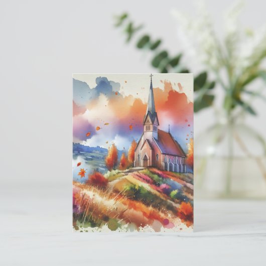 水の色の教会の秋日 | 秋の恵み ポストカード (スタンド正面)