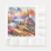 水の色の教会の秋日 縁ありランチョンナプキン (正面)