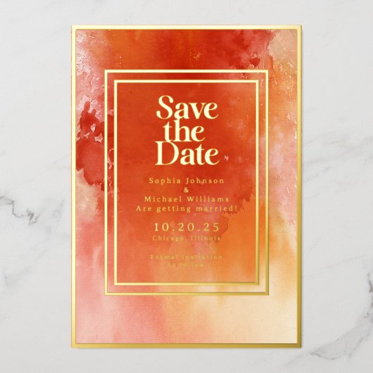 水の色の日付を保存フォトオレンジのビーチ 箔シーズンカード (正面)