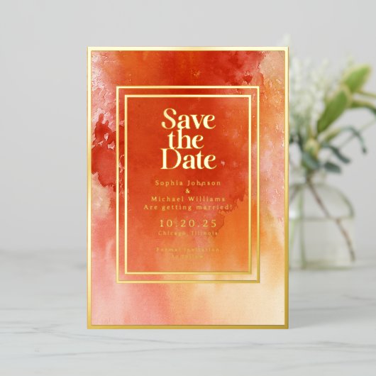 水の色の日付を保存フォトオレンジのビーチ 箔シーズンカード (立ち正面)