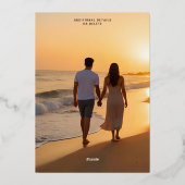 水の色の日付を保存フォトオレンジのビーチ 箔シーズンカード (裏面)