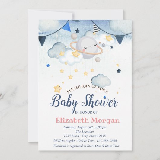 水の色の星、雲、惑星の赤ちゃんシャワー 招待状 (正面)