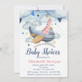 水の色の星、雲、飛行機Dino赤ちゃんシャワー 招待状 (正面)