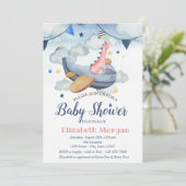 水の色の星、雲、飛行機Dino赤ちゃんシャワー 招待状 (スタンド正面)