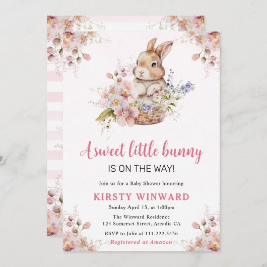 水の色の春の花ウサギ赤ちゃんシャワー 招待状 (正面/裏面)