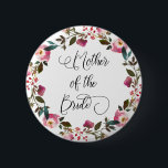 水の色の春フローラ花嫁の母 缶バッジ<br><div class="desc">花嫁バッジの美しいバッジマザーは、水彩フローラ、紅葉、スクリプトフォントを備えている。名前は必要にもし応じて追加。</div>