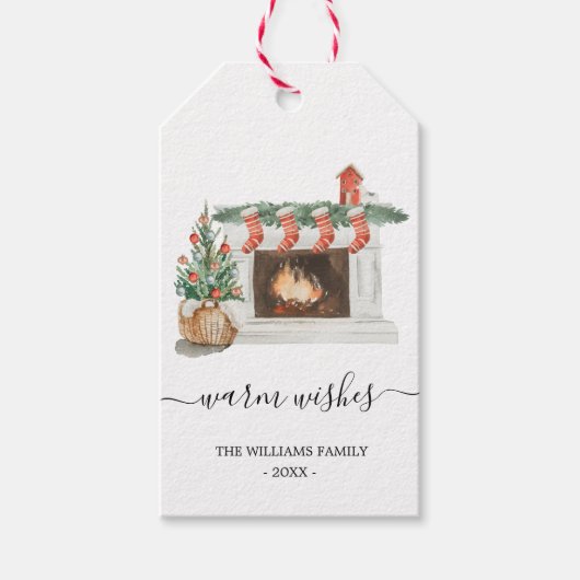 水の色の暖かい願い暖炉クリスマスラベル ギフトタグ (正面)