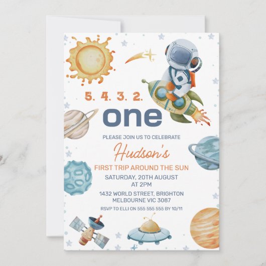 水の色の最初の旅のまわりに日の最初の誕生日 招待状 (正面)