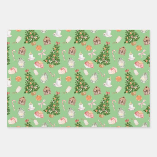 水の色の木のギフトキャンディーケーンクリスマスパターン ラッピングペーパーシート (正面2)