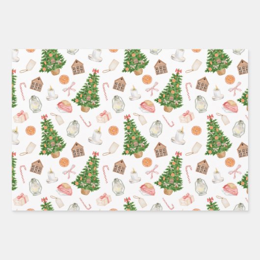 水の色の木のギフトキャンディーケーンクリスマスパターン ラッピングペーパーシート (正面)