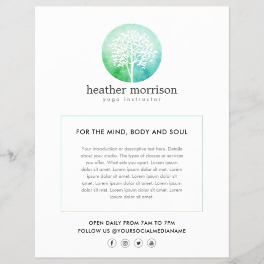 水の色の木のヨガとウェルネス チラシ (正面)