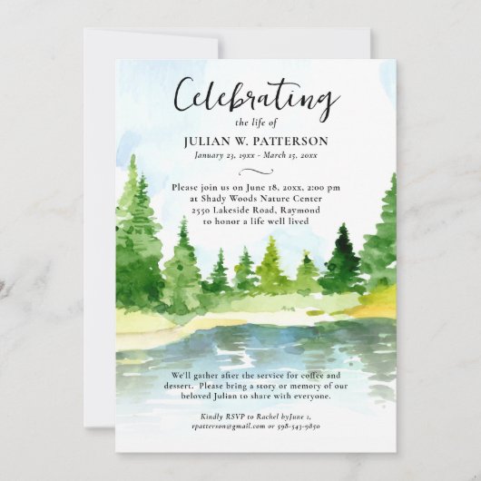 水の色の木の湖のお祝いの写真 招待状 (正面)