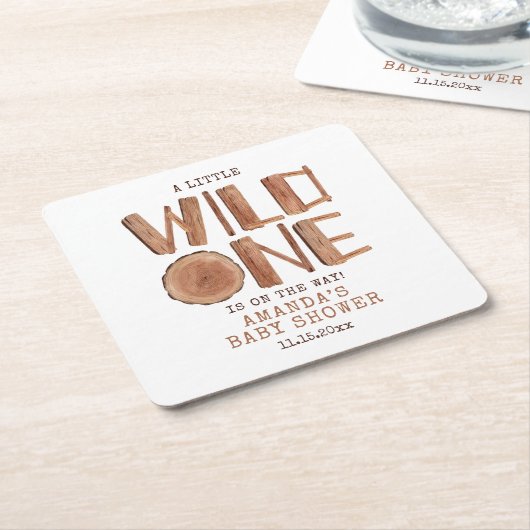 水の色の木の素朴ワイルドワンベビーシャワー スクエアペーパーコースター (アングル)