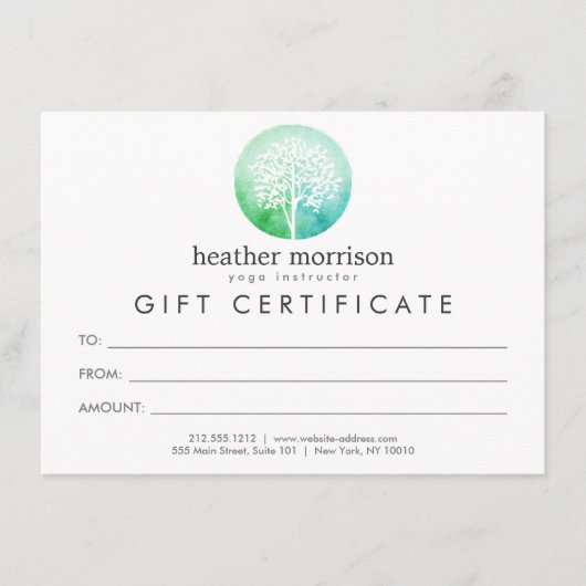 水の色の木ヨガとウェルネスギフト証明書 (正面)