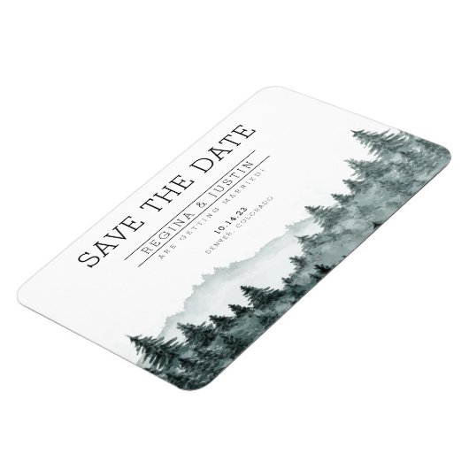 水の色の松の木の山の日付を保存Invite マグネット (左側)