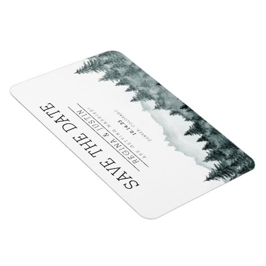 水の色の松の木の山の日付を保存Invite マグネット (右側)